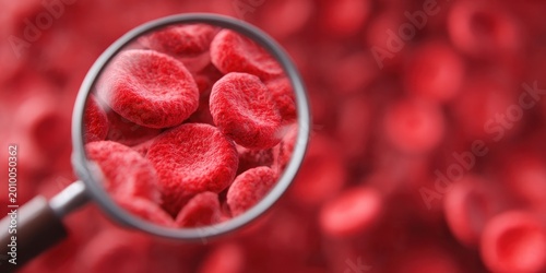 magnifying glass focused on human red blood cells under microscope scientific hematology analysis polycythemia concept clinical laboratory research microscopic blood study visualization