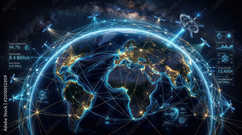Fototapeta premium Digital globe showing global satellite connectivity and data network links in space