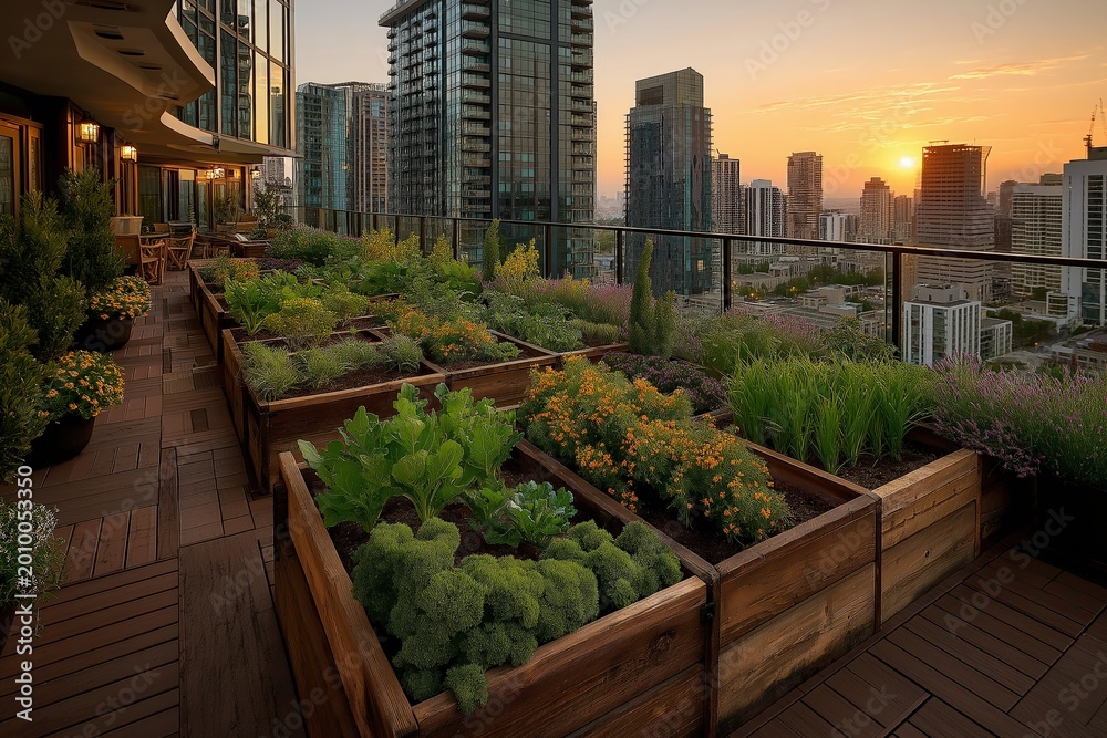 Fototapeta premium Urban rooftop garden with lush green plants and flowers, overlooking a city skyline at sunset.