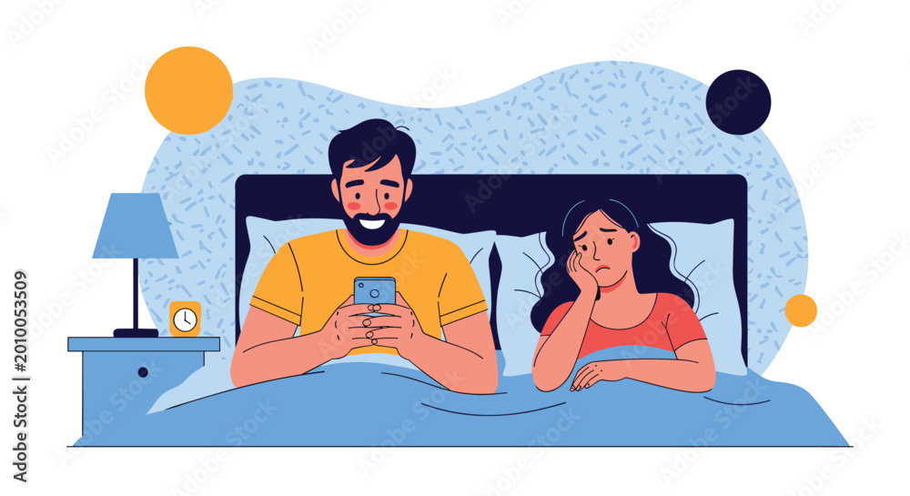 Obraz premium Happy man using his smartphone in bed while his sad partner looks away feeling neglected in their relationship.