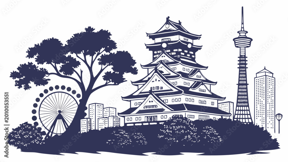 Fototapeta premium Osaka Vector Skyline | Japan City Wall Art Print