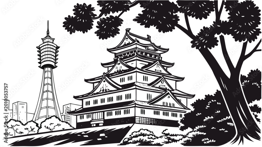 Naklejka premium Osaka City Skyline Vector Art