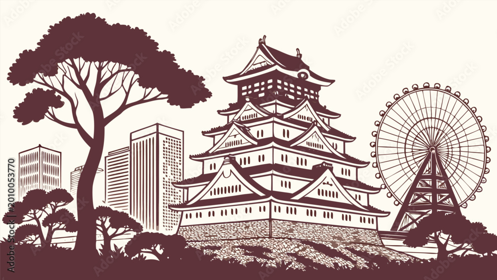 Fototapeta premium Osaka Skyline Silhouette | Osaka Castle & Umeda Sky Building Vector Art