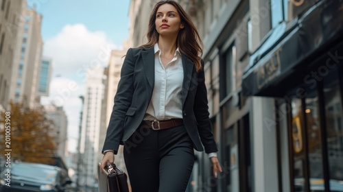 A confident businesswoman walking down the street with a briefcase in hand