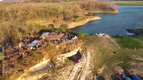 Aerial drone view of the islands on Lago Suchitlan in El Salvador. The Cerrón Grande Reservoir, also known locally as Lake Suchitlán