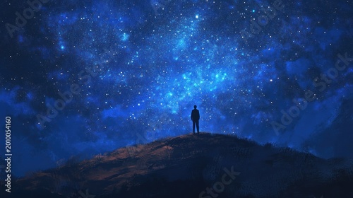 A person standing on a hilltop, gazing up at a sky full of stars in awe
