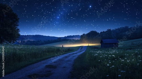 A quiet rural landscape with stars shining brightly above, free from city lights