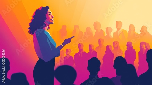 A woman confidently addressing an audience at a business conference