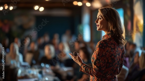 A woman confidently addressing an audience at a business conference