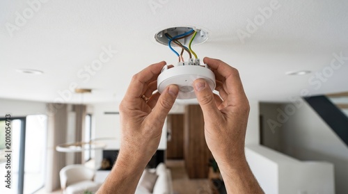 Installing a smart home device on a modern ceiling