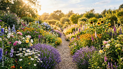 Summer garden in full bloom with varied colorful flowers ,nature beauty concept ,seasonal abundance ,garden paradise ,floral diversity ,peaceful gardening landscape