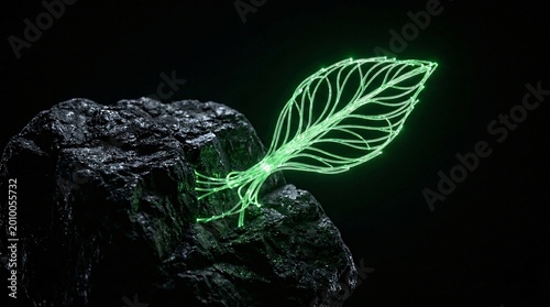 Energy transition and fossil fuel phase out concept featuring clean tech innovation digital green leaf emerging from dark coal rock