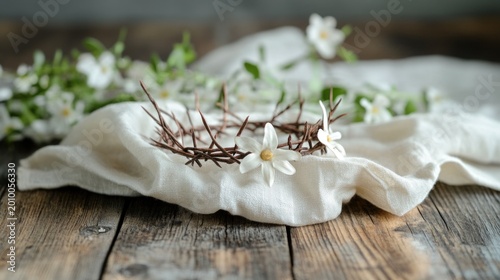 Crafted nest with flowers arranged on linen fabric