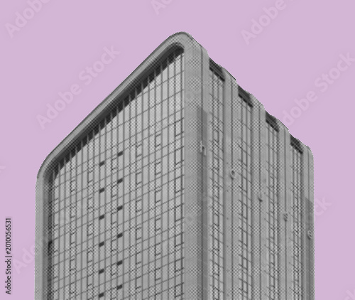 Abstract high rise building facade against a purple background. Monochrome architecture with repeating windows and a rounded corner. Suitable for