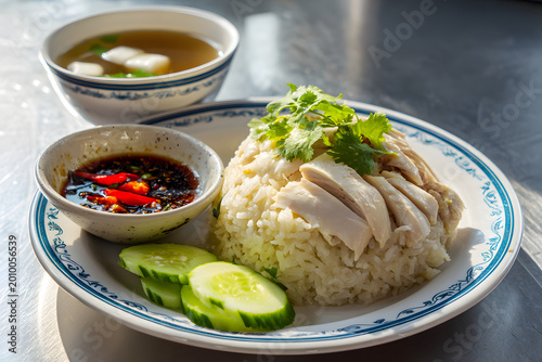Classic Hainanese Chicken Rice Plated with Sauce, Cucumber, Broth in Bangkok Style Presentation