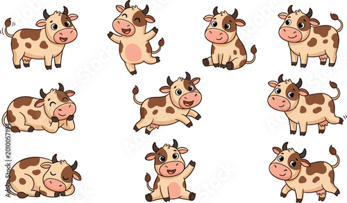 Foto Cute Baby Cow Character Set Featuring Adorable Spotted Calves in Various Poses L