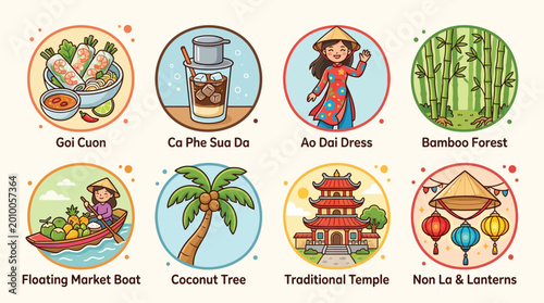 Canvastavla A vibrant collection of eight circular illustrations depicting iconic Vietnamese cultural elements, including food, clothing, nature, and landmarks