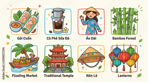 Fotografie A vibrant illustration showcasing iconic Vietnamese cultural elements, including food, traditional clothing, natural landscapes, and architectural landmarks