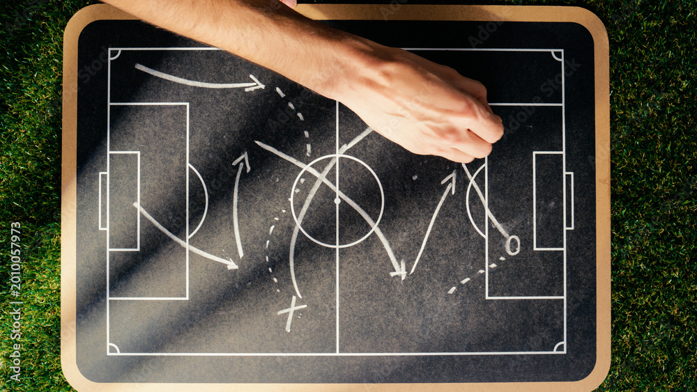 Naklejka premium Tactical scheme of football match on blackboard