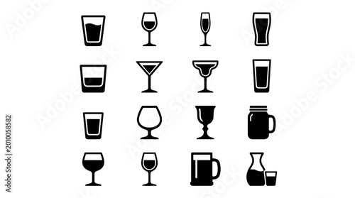 Black Drink Glasses Icon Set in Minimal Bar Silhouette Style