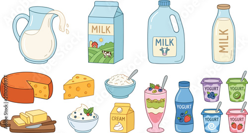 Set of hand drawn dairy products vector illustrations featuring milk cartons bottles yogurt cups cheese wheels butter and fresh cream isolated on white background.