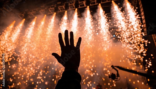 Reaching silhouetted hand and forearm in dark hoodie toward stage at concert, with pyro sparks
