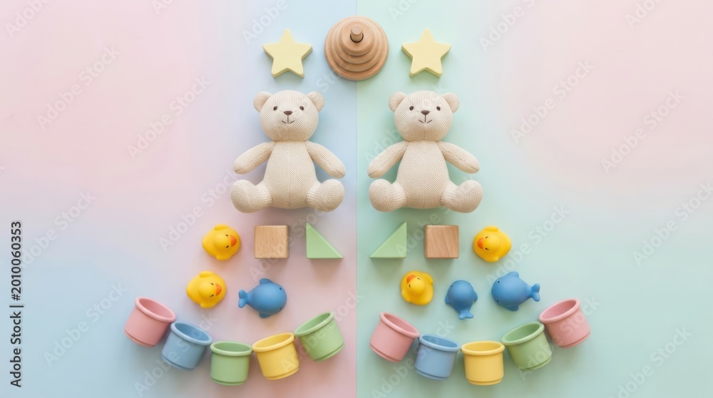 Fototapeta premium Teddy bear with baby toy arranged in shape of Christmas tree. International Childrens Day background with wooden block, stacker and rubber animal. Playful composition for childhood.