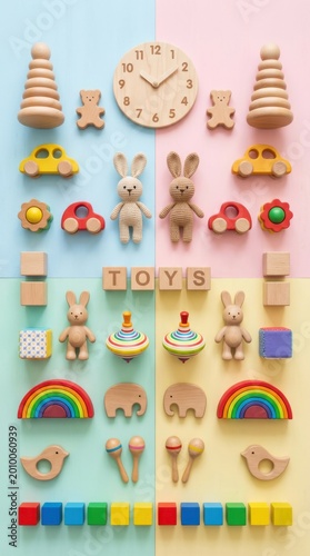 Wooden toys arranged on colorful background for International Childrens Day. Educational Montessori play set with clock and animal figures. Eco friendly creative learning activity.