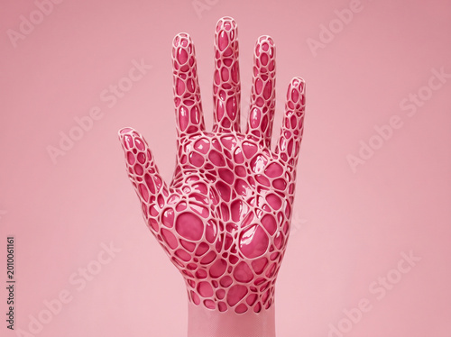 3D Human Hand Palm with Pink Voronoi Pattern and Glossy Organic Liquid Texture