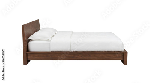 Quadro su tela Dark walnut platform bed with white bedding side view isolated