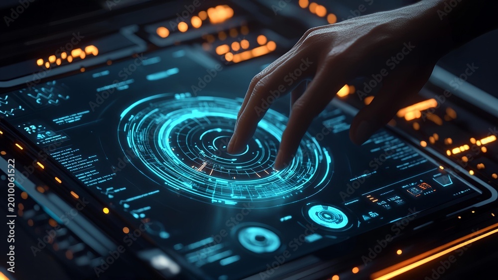 Obraz premium Close-up of human hand interacting with futuristic digital interface, cybersecurity and artificial intelligence concept, generative AI