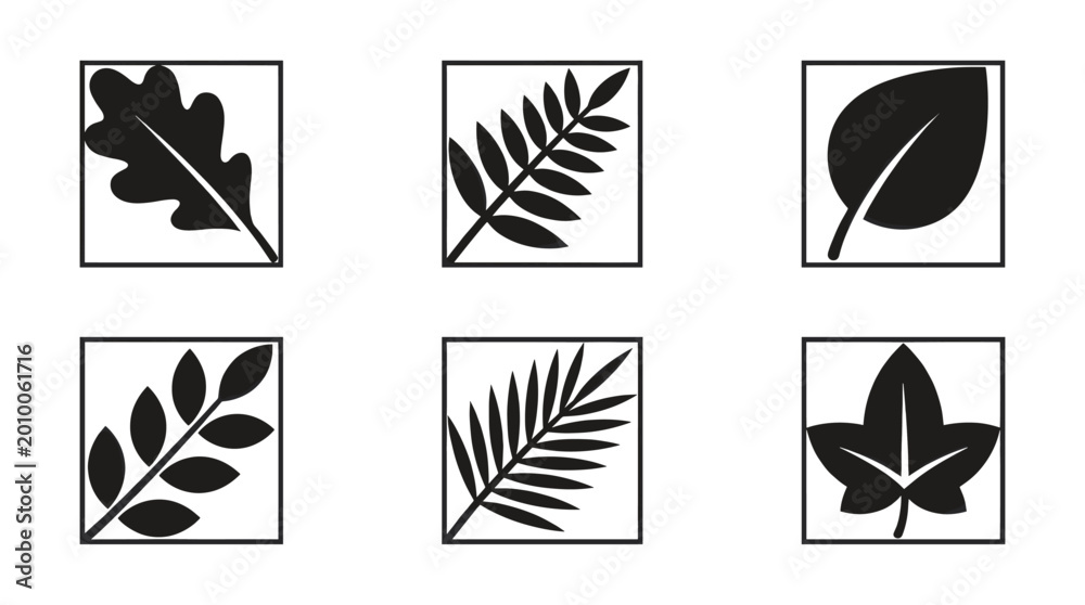 Fototapeta premium Leaf Icon Set in Minimal Black Botanical Silhouette Style