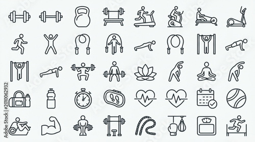 Fitness icons and gym equipment symbols.