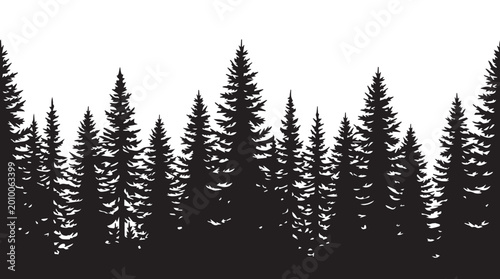 landscape with black silhouettes of trees and hills, trees silhouettes set. Black pine woods
