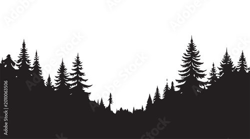 landscape with black silhouettes of trees and hills, trees silhouettes set. Black pine woods

