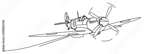 Quadro su tela Spitfire vintage fighter airplane continuous line art, WWII propeller aircraft f