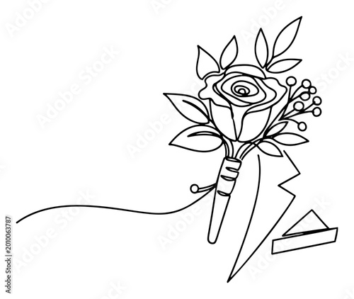 Tableau sur toile Wedding boutonniere rose on suit lapel continuous line art, minimalist groom flo