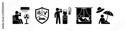 Canvas Print Set of black icons representing heatwave safety tips and cooling methods, including hydration, air conditioning, shade, and rest during hot summer weather