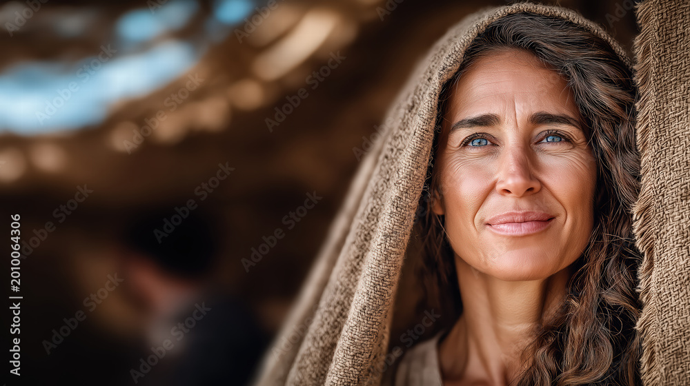 Fototapeta premium Sarah laughing inside the tent after hearing the promise, biblical scene of surprise, doubt, and divine prophecy, intimate and emotional moment