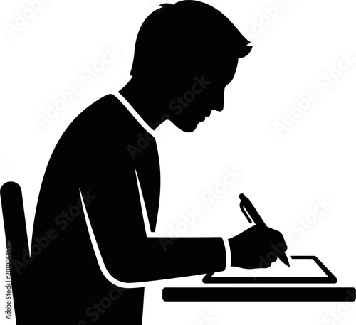 Quadro su tela Man sitting at desk writing on paper with pen
