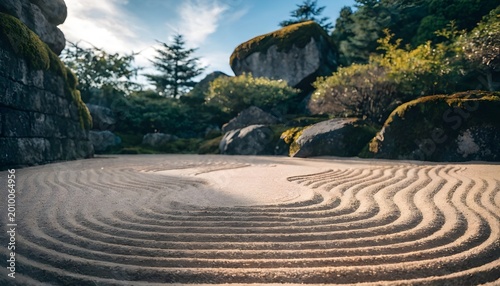 Peaceful Japanese Zen Garden with Raked Sand Patterns and Mossy Rocks for Meditation and Mindfulness Background
