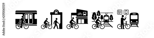 Foto Set of vector icons illustrating intermodal transportation and urban mobility, showing people cycling to train stations and bus stops for sustainable city commuting and smart travel