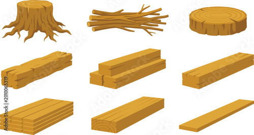 Set of Wood and Lumber Icons Featuring Tree Stump, Branches, and Timber Planks for Forestry and Carpentry Designs