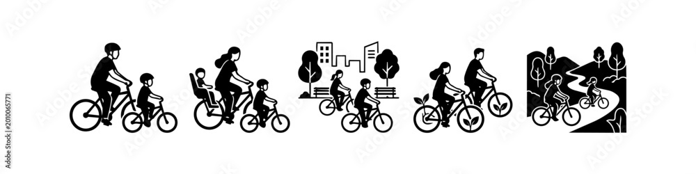 Fototapeta premium Set of flat vector icons showing people cycling in various scenarios: families, urban cityscapes, green eco-friendly biking, and nature trails. Ideal for health and sustainability concepts.