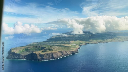 Easter Island and the Pacific Ocean as seen from an airplane, the crater lake at Rano Kau, November 2025