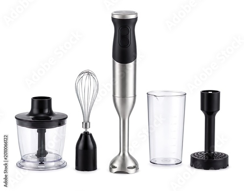 Immersion hand blender with attachments isolated on white background