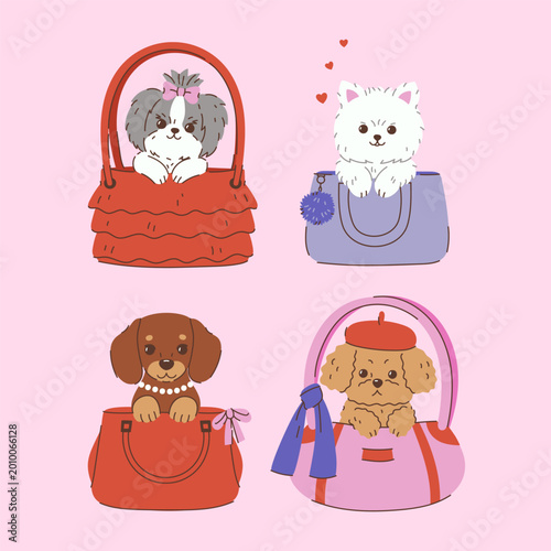 A set of cute dogs in fashionable handbags. Vector graphics.
