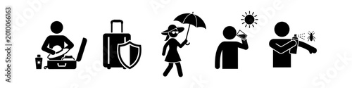 Foto A set of black vector icons illustrating travel safety tips: packing essentials, insurance, sun protection with umbrella and hat, hydration, and applying insect repellent for a safe vacation