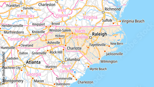 Foto Map of the State North Carolina (United States of America) and neighboring states for small print size