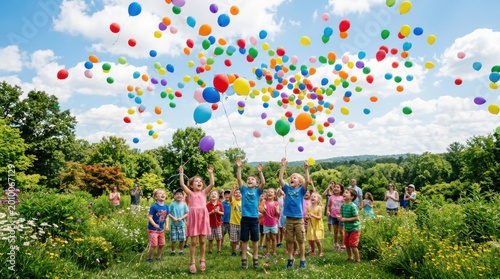Group of happy child holding colorful balloon outdoors. Kids celebrating International Childrens Day on meadow. Joyful boys and girl play together during summer festival in nature.